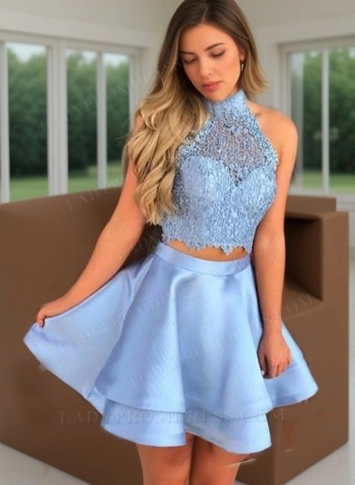 2025 A-Line/Princess Halter Sleeveless Cut Out Back Two Piece Layers Applique Satin Cut Short/Mini Homecoming Dresses