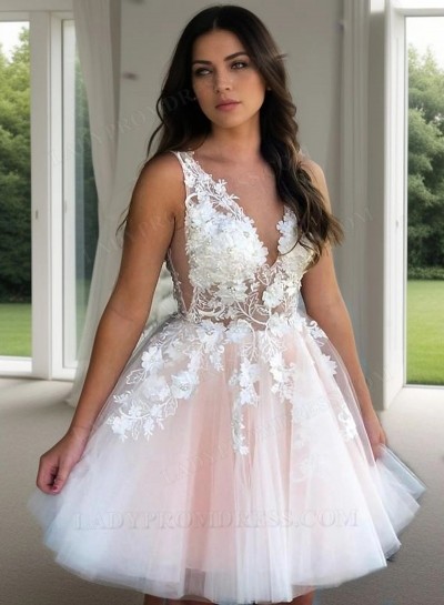 2025 Ball Gown V Neck Sleeveless Applique Beading Tulle Cut Short/Mini Homecoming Dresses