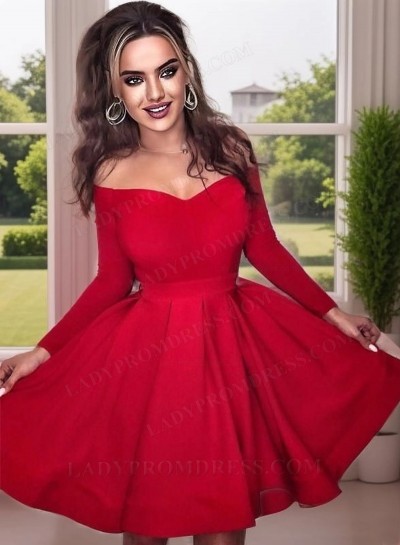 A Line 2025 Red Long Sleeves Knee Length Off Shoulder Short Homecoming Dresses