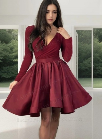 Long Sleeves Knee Length V Neck Satin Burgundy Short Homecoming Dresses 2025 