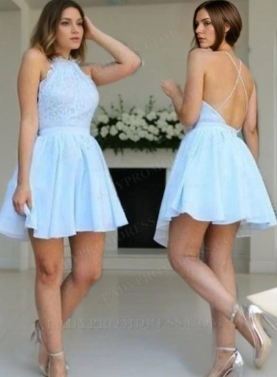 A-Line Jewel Sleeveless Backless Light Blue Lace Short Homecoming Dress 