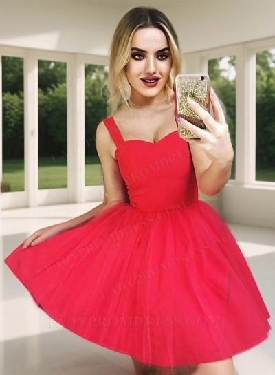 A-Line Straps Sleeveless Short Red Tulle Homecoming Dress 2025 