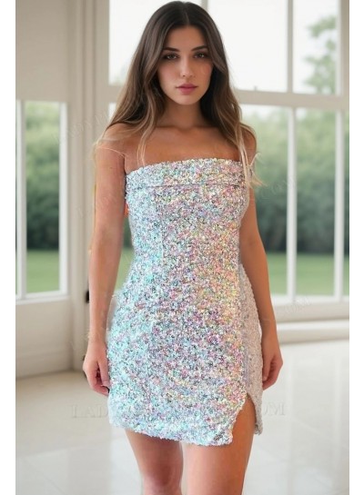 2025 White Sheath Strapless Mini Split Front Short Sequins Homecoming Dresses