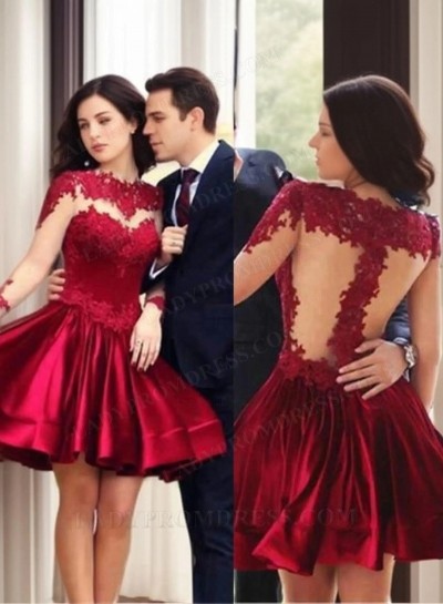 A-Line Princess High Neck Long Sleeves Elastic Woven Satin Short Homecoming Dresses