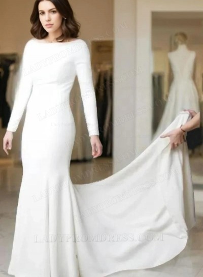 2025 Amazing Sheath Satin Ivory Crew Neck Long Sleeves Beaded Long Wedding Dresses