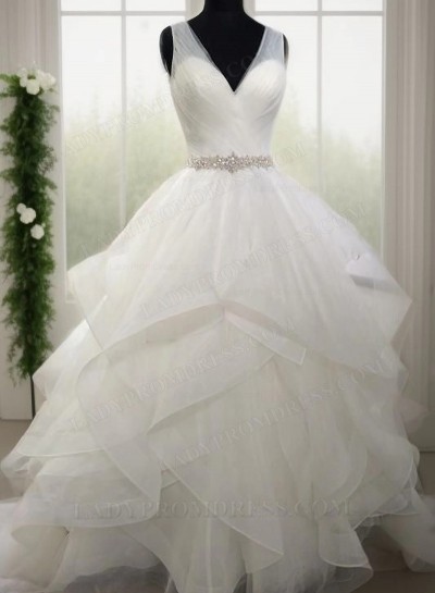 2025 New Arrival Sweetheart Organza Ruffles Backless Pleated Ball Gown Wedding Dresses