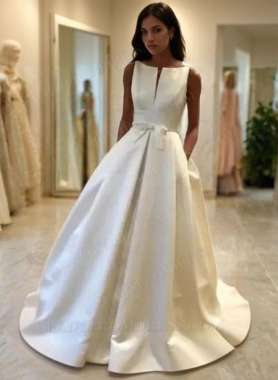 A Line Classic Satin Bateau Bowknot Long Wedding Dresses 2025