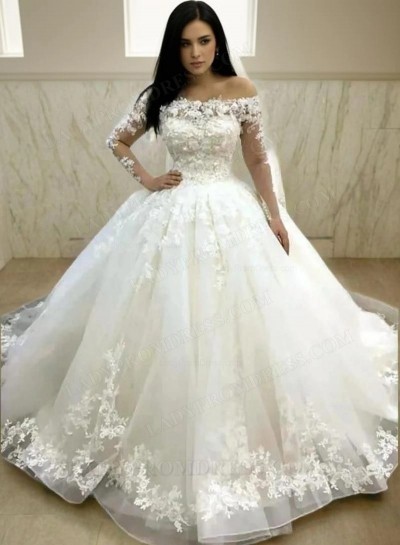 2025 New Designer Long Sleeves Off Shoulder Flowers Ball Gown Lace Up Wedding Dresses