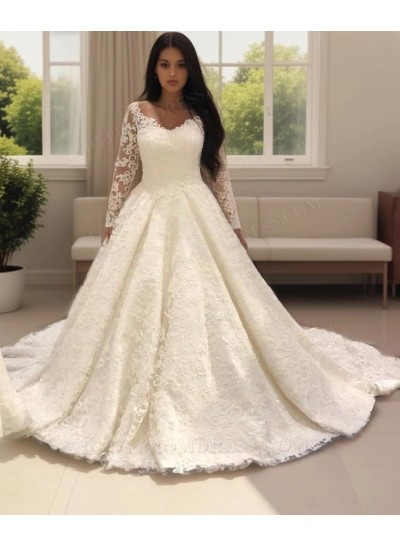 2025 Ivory A Line Long Sleeves Sweetheart Lace Long Wedding Dresses