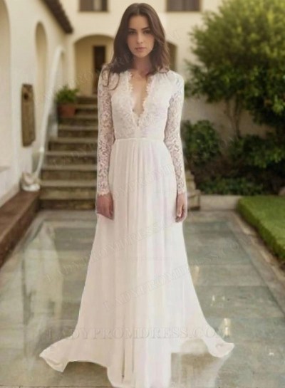 2025 Amazing A Line Deep V Neck Lace Long Sleeves Backless Wedding Dresses