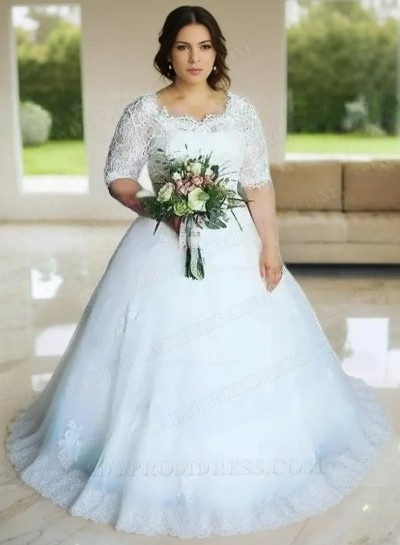 2025 New Arrival A Line Half Sleeves Tulle Round Neck Lace Plus Size Wedding Dresses