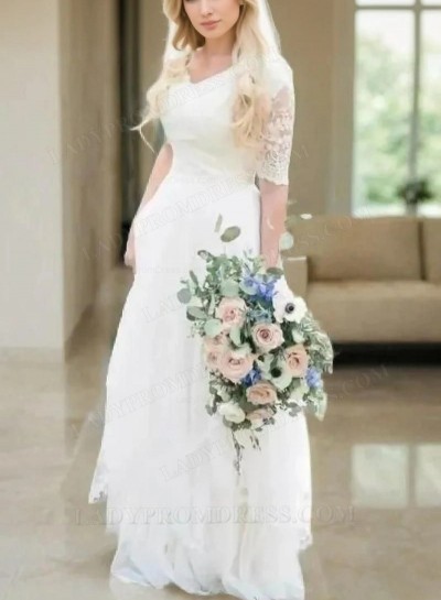 2025 A Line V Neck Short Sleeves Lace Outdoor Wedding Dresses