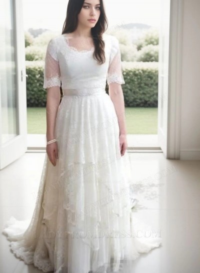 2025 Classic A Line Round Neck Half Sleeves Lace Layered Lace Up Back Beach Wedding Dresses