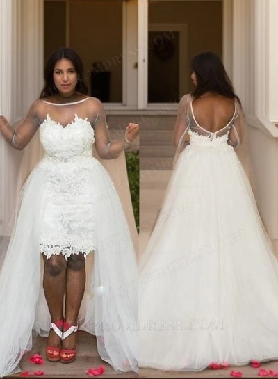 2025 A Line High Low Long Sleeves Tulle Short Sweetheart Plus Size Wedding Dresses
