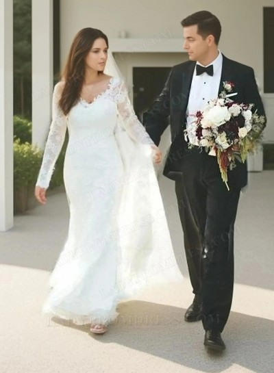 2025 Charming Mermaid V Neck Lace Long Sleeves Backless Wedding Dresses
