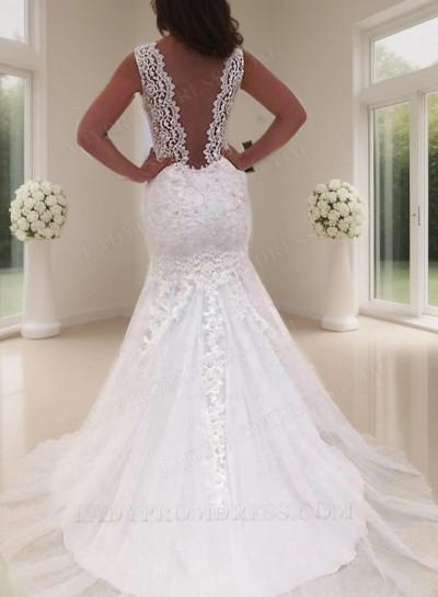 Backless Mermaid Sheer Straps Applique Tulle Layered Wedding Dresses