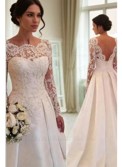 Sheer Long Sleeve Lace Backless Sweetheart Pleated White Wedding Dresses