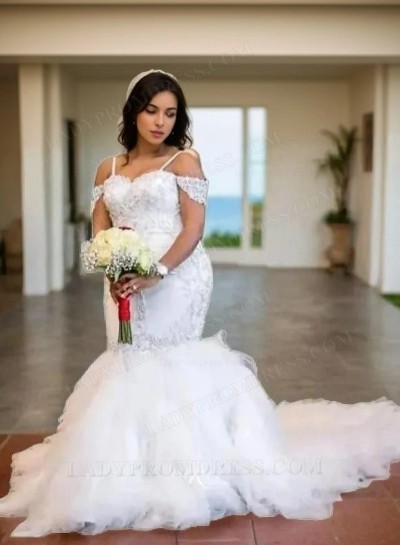 Spaghetti Straps Off Shoulder Cathedral Train Tiers Droped Backless White Wedding Dresses