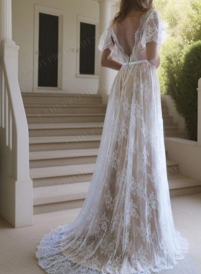 Modest Short Sleeve Champagne V Neck Backless Applique Lace Wedding Dresses