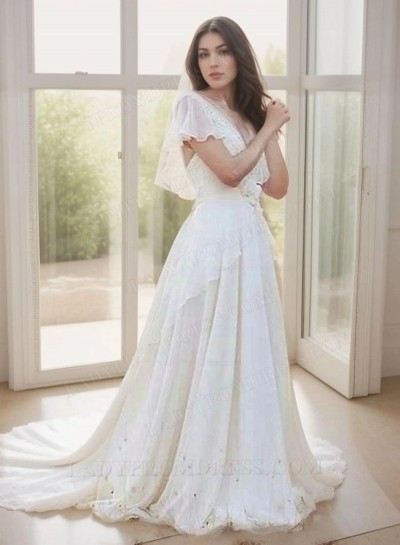 Flouncing Sleeve Sheer Backless Applique Tiers Pleated Bowknot Wedding Dresses 