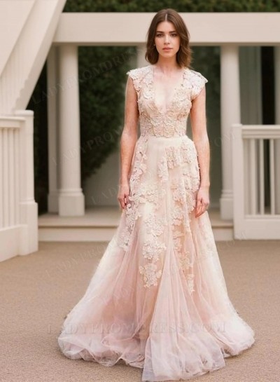 Natural V Neck Tulle Champagne Appliques Sleeveless Elegant Wedding Dresses