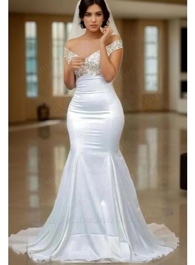 2025 Mermaid/Trumpet Satin Off Shoulder Embroidery Backless Long Wedding Dresses / Bridal Gowns