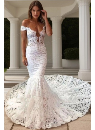 2025 New Arrival Mermaid/Trumpet Off Shoulder Lace Front Slit Wedding Dresses / Bridal Gowns