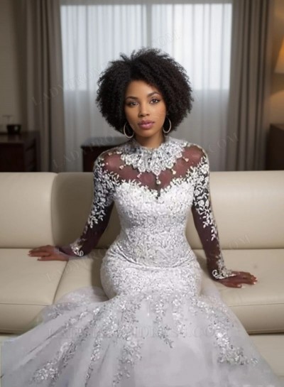 2025 Sexy Mermaid/Trumpet High Neck Luxury Long African American Wedding Dresses / Bridal Gowns