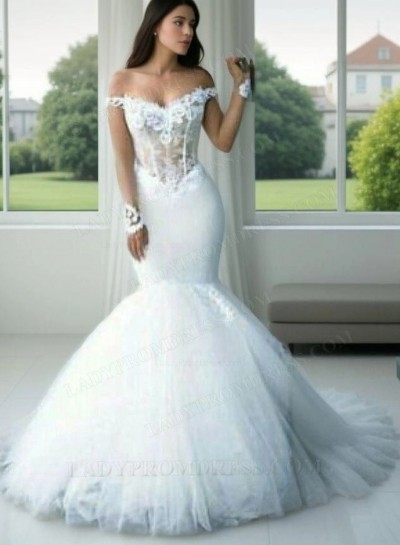New Arrival Mermaid/Trumpet White Sweetheart Off Shoulder Tulle Long Sleeves Wedding Dresses / Bridal Gowns 2025
