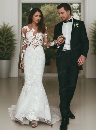 2025 Amazing Sheath Long Sleeves Floral Pattern Sexy Wedding Dresses / Bridal Gowns