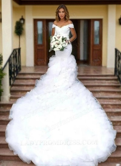 2025 Mermaid/Trumpet Off Shoulder Pleated Ruffles Layered Long Wedding Dresses