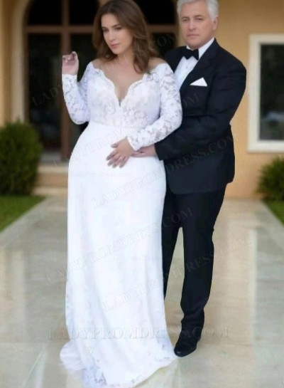 2025 A Line/Princess White Long Sleeves Sweetheart Lace Plus Size Wedding Dresses / Bridal Gowns