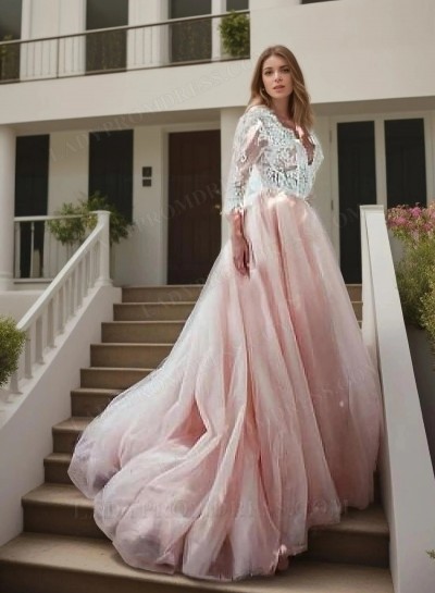 2025 Alluring A Line Tulle Pink V Neck Long Sleeves Lace Hot Sale Wedding Dresses