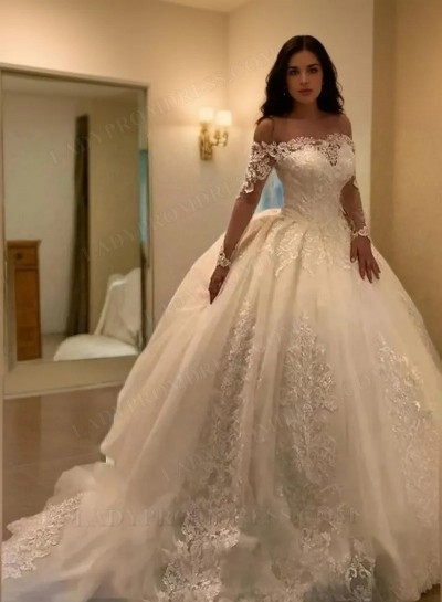 2025 Charming Long Sleeves Off Shoulder Ball Gown Lace Wedding Dresses