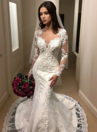 2025 Newly Mermaid Long Sleeves See Through Back Sweetheart Wedding Dresses
