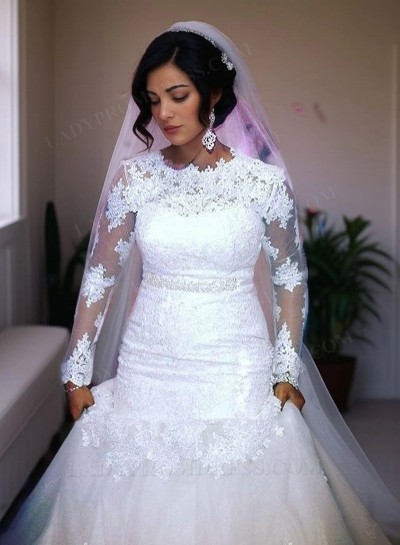 Mermaid Long Sleeves Tulle Beaded Sash Bateau Wedding Dresses 2025