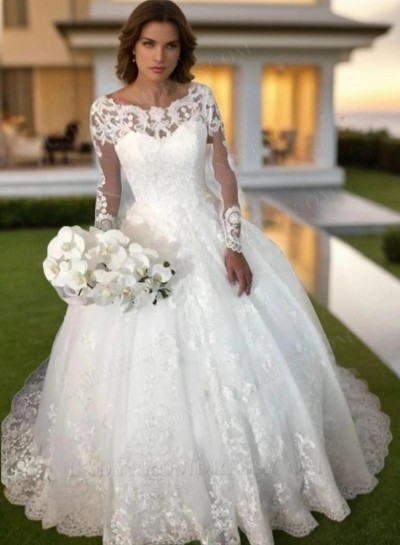 Amazing White Long Sleeves Bateau Lace Ball Gown Wedding Dresses 2025