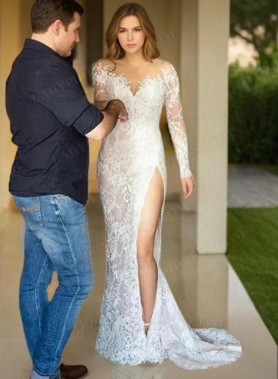 2025 Charming Long Sleeves Sheath Side Slit Sweetheart Lace Wedding Dresses