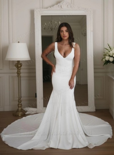 2025 Sexy Mermaid Satin V Neck Backless Long Train Wedding Dresses