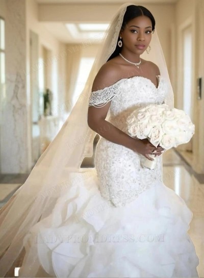 2025 Luxury Mermaid Off Shoulder Sweetheart Beaded Layered Beaded Long Wedding Dresses