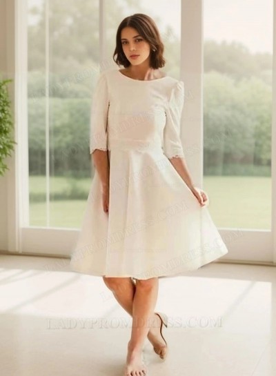 A Line Long Sleeves Satin Scoop Backless Short Wedding Dresses 2025