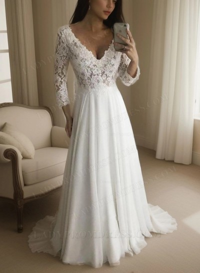 2025 A Line Chiffon V Neck Long Sleeves Floor Length Lace Beach Wedding Dresses