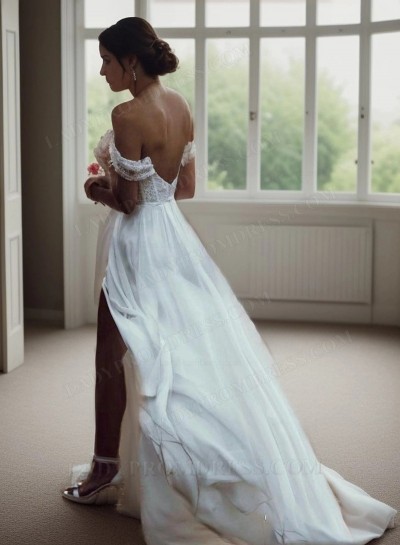 A Line Off Shoulder Sweetheart Chiffon Side Slit Backless Beach Wedding Dresses 2025
