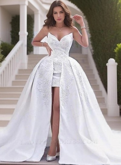 2025 New Arrival A Line Sweetheart Satin Beaded High Low Wedding Dresses