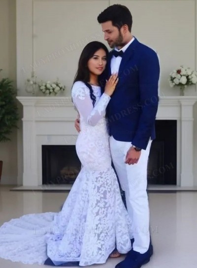 2025 Mermaid Long Sleeves Backless Lace Round Neck Out Door Wedding Dresses