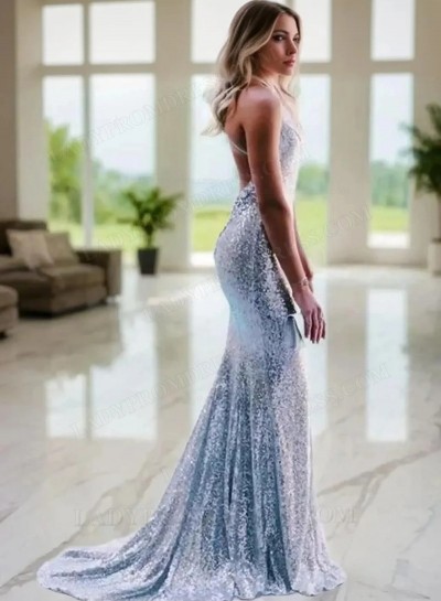 2025 Sequence Sheath Silver Sweetheart Halter Long Prom Dress
