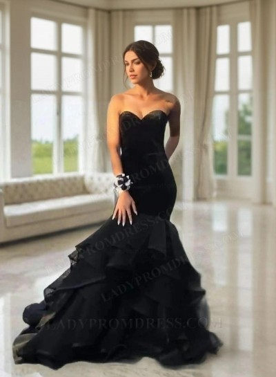 Black 2025 Sweetheart Organza Layered Mermaid Long Prom Dress