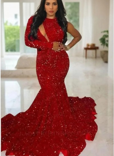 2025 Mermaid Sequins One Shoulder Long Sleeve Sweep Train Prom Dresses