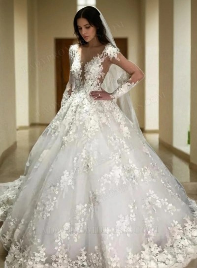 2025 Ball Gown Lace Sheer Neck Long Sleeves Sweep Train Wedding Dresses