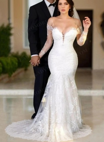 2025 Mermaid Lace V-neck Long Sleeves Sweep Train Wedding Dresses
